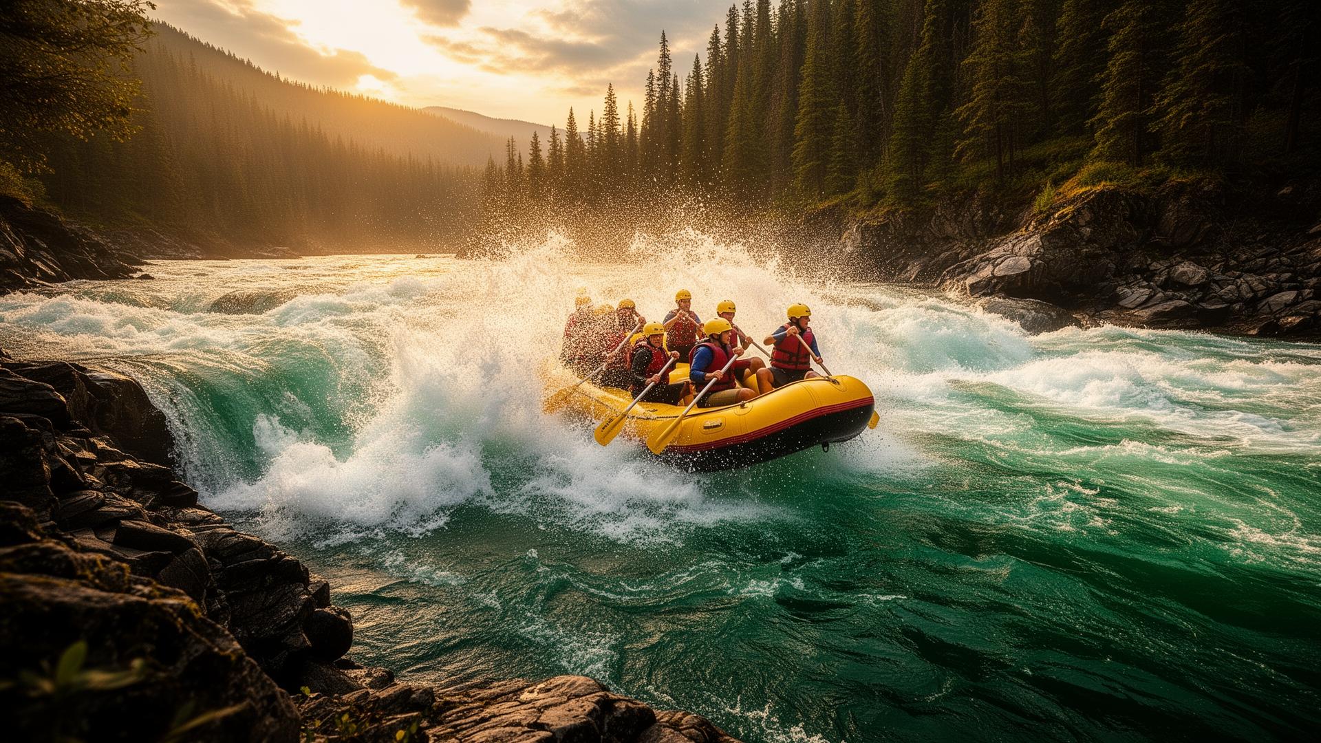 Rafters crashing through whitewater rapids